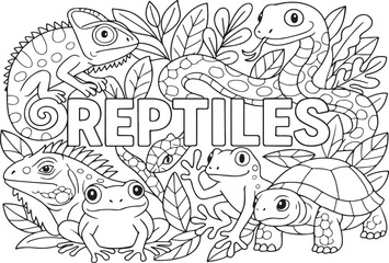 hand drawn vector illustration of reptiles doodle art coloring page for kids line art
