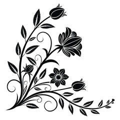 Elegant black flourish corner design with blooming flowers and swirling leaves