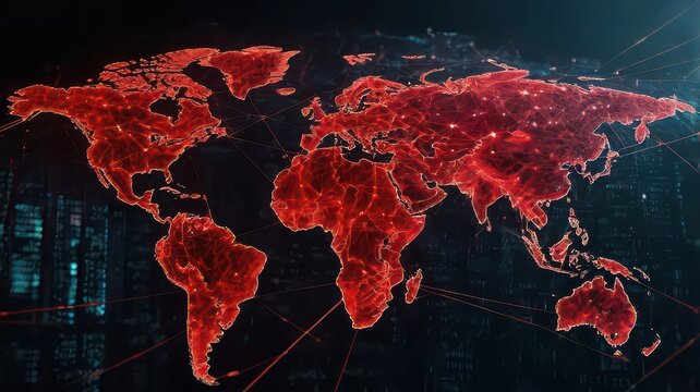 Red world map with glowing connections representing global threat or outbreak