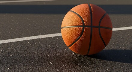 Realistic close-up of a basketball on an outdoor court with dramatic sunlight and textured surface details