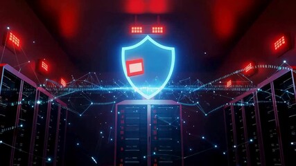 Secure data servers with neon shield providing powerful network protection in a bright, modern server room for optimal cybersecurity solutions - Powered by Adobe