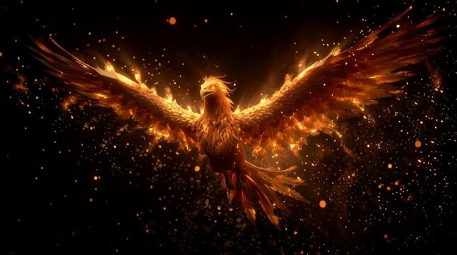 Mythical phoenix bird made of fire flapping wings with sparks