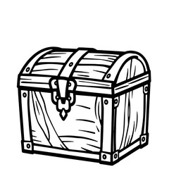 Single Black and White Line Drawing of a Wooden Treasure Chest