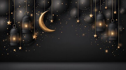 A serene night scene featuring hanging lanterns, stars, and a crescent moon against a dark background, Ideal for backgrounds, invitations, or artwork related to nighttime events or celebrations,