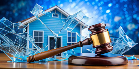 A wooden gavel rests on a sound block, surrounded by shards of glass, in front of a blue house. This visual emphasizes the serious consequences of property damage and legal matters