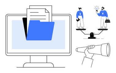 Computer folder with documents, weighing scale comparing ideas, and telescope symbolizing vision. Ideal for teamwork, business planning, document management, strategy, goal setting, comparison