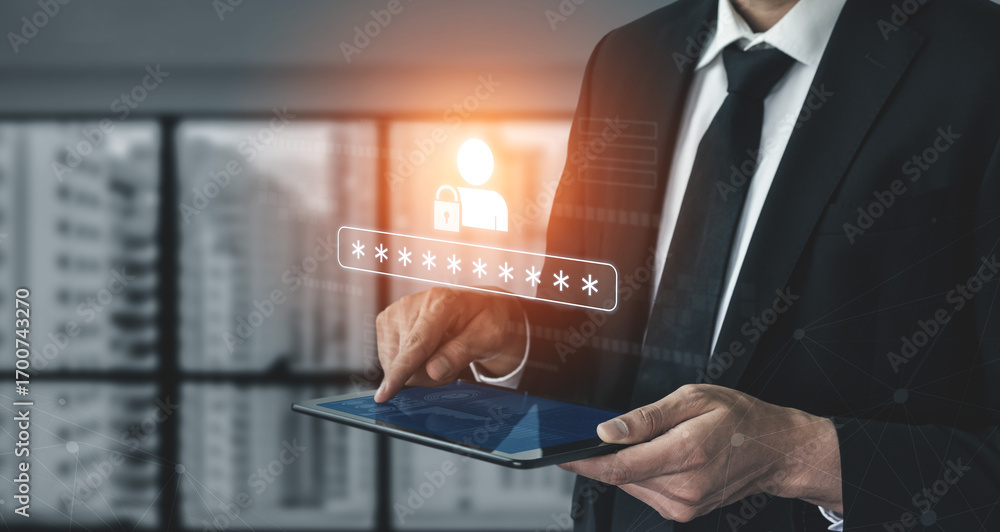 Poster user authentication and password protection concept showing secure login, privacy safeguard, data pr