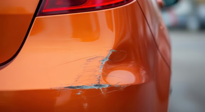 Close-up of a scratched orange car bumper for auto repair and maintenance concepts
