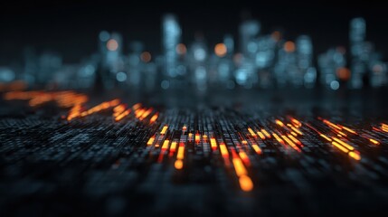 Multiple computer monitors displaying real time data charts and a world map on a desk in an office setting with bokeh lighting