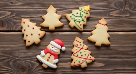 Christmas Tree Cookies on Wooden Table.