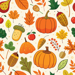Whimsical autumn harvest pattern with pumpkins and acorns
