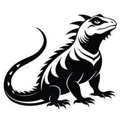 Stylized Black and White Illustration of an Iguana with Detailed Scales and a Curled Tail Ready for Graphic Design