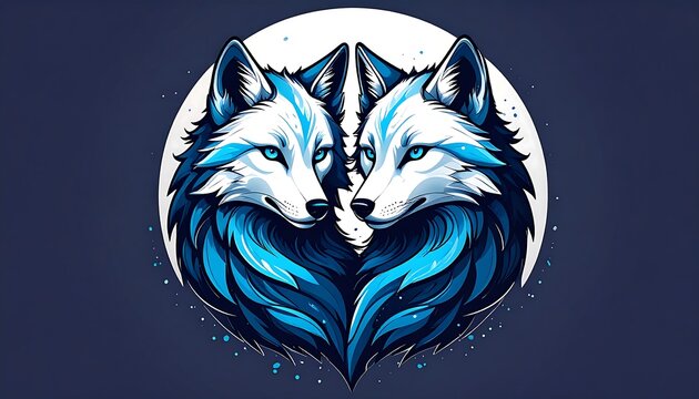 Two white wolves facing each other, outlined in blue, with a moon in the background