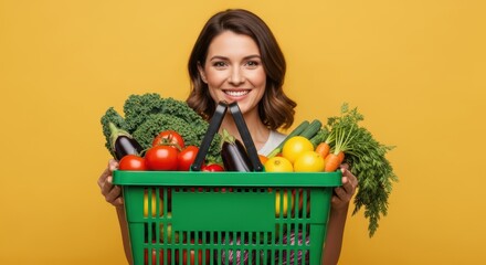 Smiling woman holding basket of fresh vegetables and fruits against yellow background
