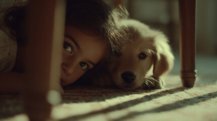 young girl and her playful puppy are hiding under table engaging in fun game of pretend