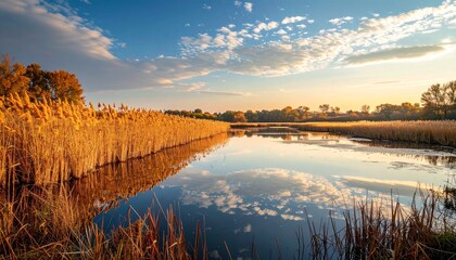 Obraz premium Landscape of a tranquil river at sunset with golden reeds.