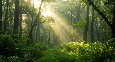 Obraz premium Serene Sunbeams Illuminating Lush Green Forest Path: Mystical, Tranquil Morning Atmosphere