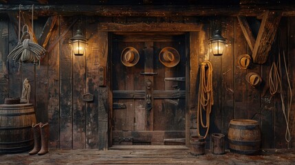 Warmly Lit Wooden Barn Door: A rustic barn door, illuminated by warm lanterns, offers a glimpse into a bygone era.