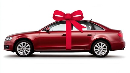A shiny red car adorned with a large, vibrant bow symbolizes a special gift, This image is ideal for advertisements, promotions, or content related to gifting, automotive sales, or celebrations,