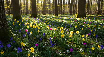 Obraz premium Vibrant Spring Wildflowers in Sun-Dappled Forest; Serene Nature Scene, Daffodils, Hyacinths, and Tulips.