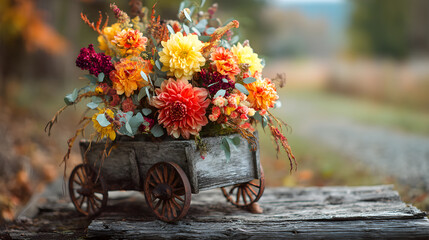 Colorful autumn flowers decorating a rustic wooden wagon on a log
