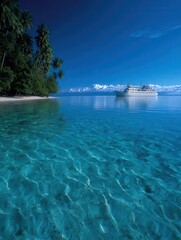 Obraz premium Serene seascape featuring crystal-clear water, lush palm trees, and a distant boat against a stunning blue sky, Ideal for travel blogs, brochures, or relaxation-themed projects,