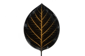 Black Leaf with Glowing Veins on Transparent Background