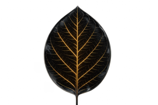 Black Leaf with Glowing Veins on Transparent Background