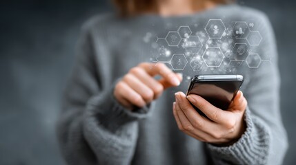 Woman holding smartphone interacting with digital icons, demonstrating data visualization and application connectivity in modern era