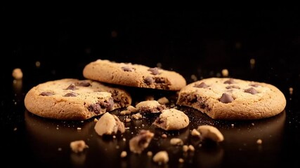 Delicious chocolate chip cookies scattered on a dark surface, some broken with crumbs.