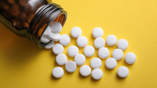 Premium photo of macro top view of white Diazepam pills and tablets pouring from a medication bottle with space for text.