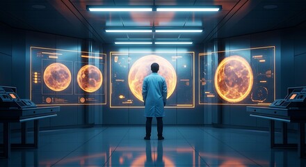 Scientist Observes Futuristic Solar Display in Advanced Research Laboratory