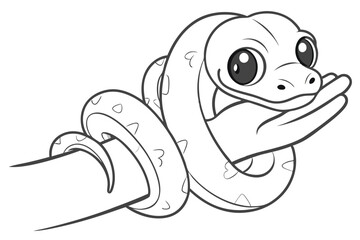 Adorable Cartoon Snake Curled Around a Human Hand Drawn with Simple Lines in a Black and White Illustration