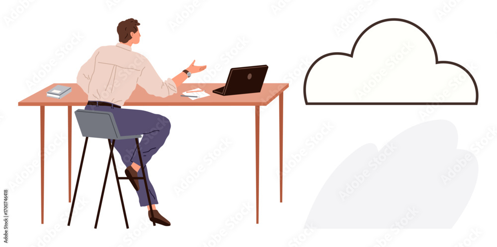 Poster man gesturing while seated at a desk with a laptop, books, and papers, alongside a cloud sketch. ide