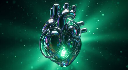 Abstract Metallic Heart With Glowing Green Energy Amidst Cosmic Dust