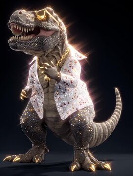 Funny T-Rex dinosaur in a sparkly disco jacket and sunglasses dancing