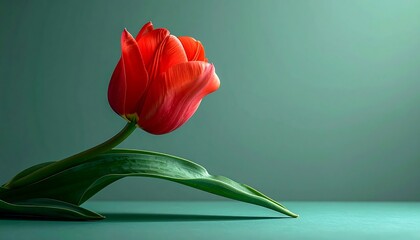 Fototapeta premium Vibrant red tulip against teal