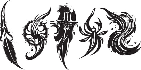 Brush set. Vector black paint brush spots, highlighter lines or felt-tip pen marker. Ink smudge abstract shape stains and smear set with texture