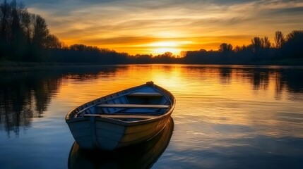 Obraz premium Rowboat on golden sunset lake representing closure healing and the calm start of a new journey