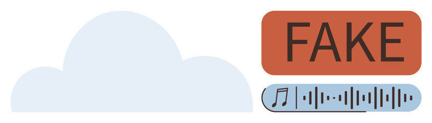 Cloud shape, fake label, audio waveform. Ideal for themes of digital reliability, AI detection, cybersecurity, misinformation prevention, cloud technology online media and data analysis. Clean flat
