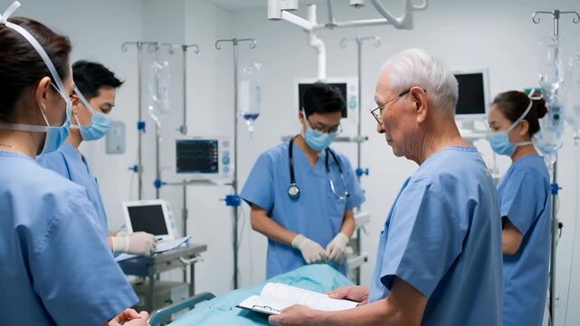 集中治療室で、患者のカルテを確認しながら指示を出すベテラン医師