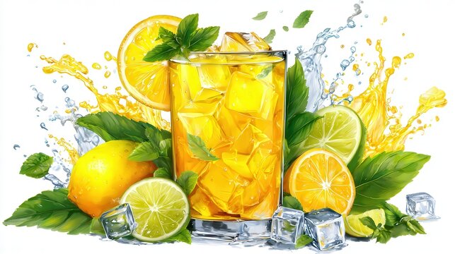A refreshing glass of lemonade with ice cubes and sliced lemons is surrounded by vibrant green mint leaves, This image is perfect for summer drink promotions, recipes, or wellness content,