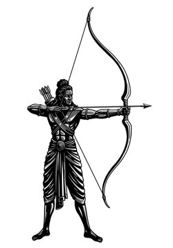 Black and silver illustration of Lord Rama with bow and arrow isolated on transparent background. Symbol of Vijaydashmi and Dussehra, representing victory of good over evil.