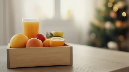 A wooden tray holds a variety of fresh fruits and a glass of orange juice, set against a softly blurred background, ideal for promoting healthy eating, breakfast ideas, or fresh produce marketing,