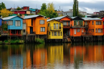 Fototapeta premium Row of colorful houses are floating on the water