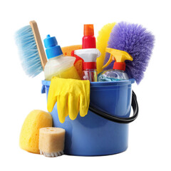 A blue bucket with a yellow sponge and a yellow rubber glove