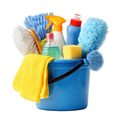 A blue bucket with a yellow towel and a green bottle of cleaner