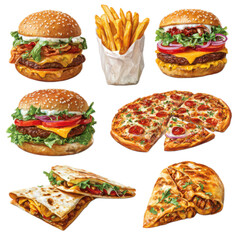 A collection of different types of food, including hamburgers, french fries