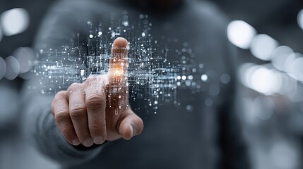 Man's finger interacting with floating digital data, representing advanced technology and modern communication interfaces