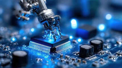 A futuristic robotic hand interacts with a microchip on a blue circuit board, emphasizing advanced technology and automation, Ideal for tech-related articles, presentations, or marketing materials,